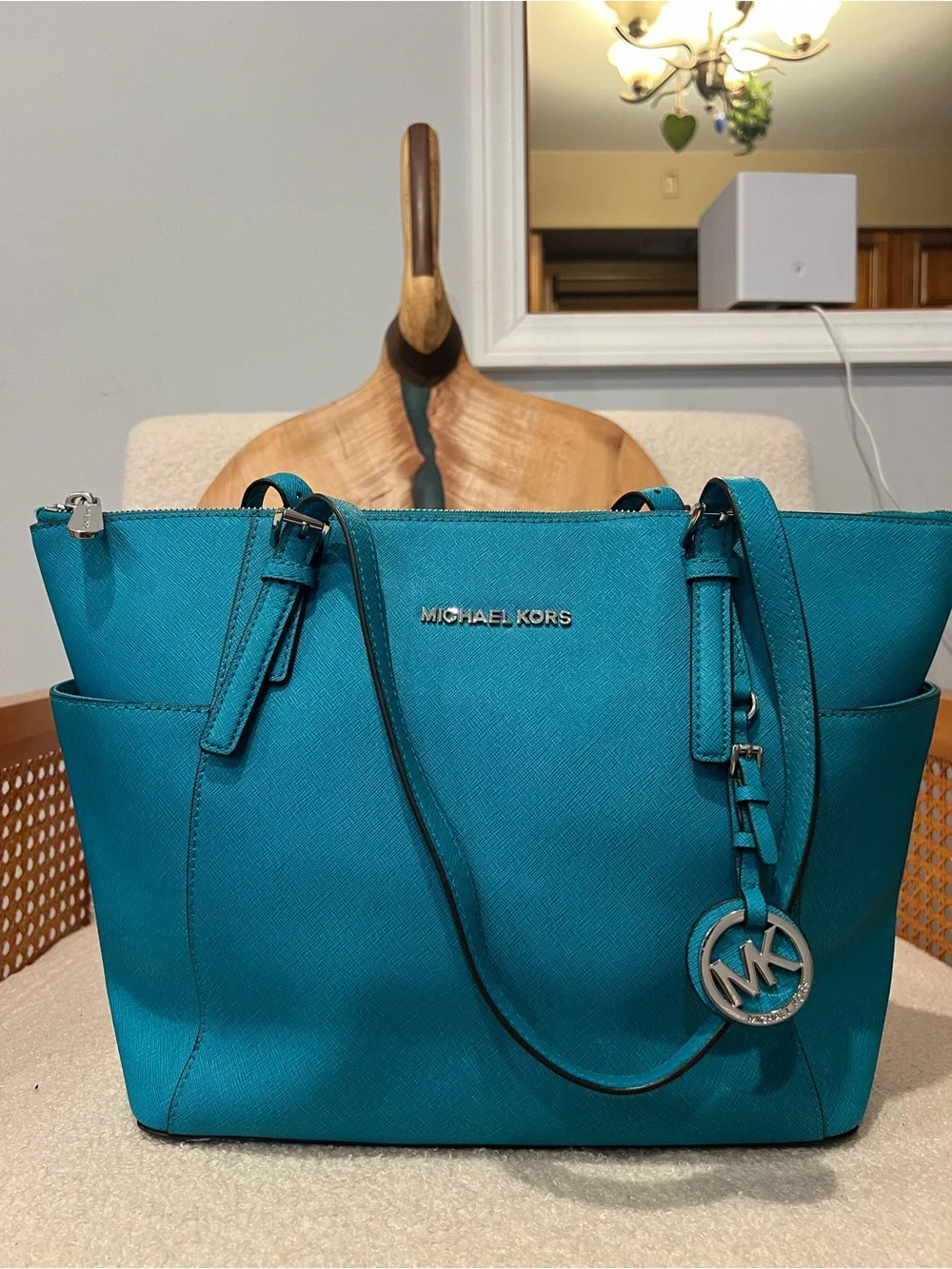 Michael Kors Teal Saffiano Tote with MK Charm